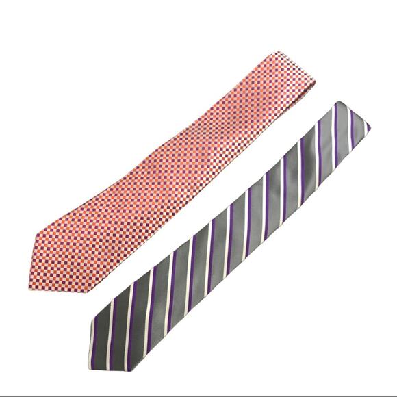 2 Express Silk Ties Orange & Purple Diamond Check and Grey Purple & White Stripe - Picture 1 of 6